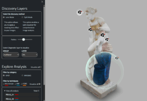 MuLaX tool interface with interactive and immersive discovery of analytical/color data layers, interactive annotation system for spot-analyses or technical photography