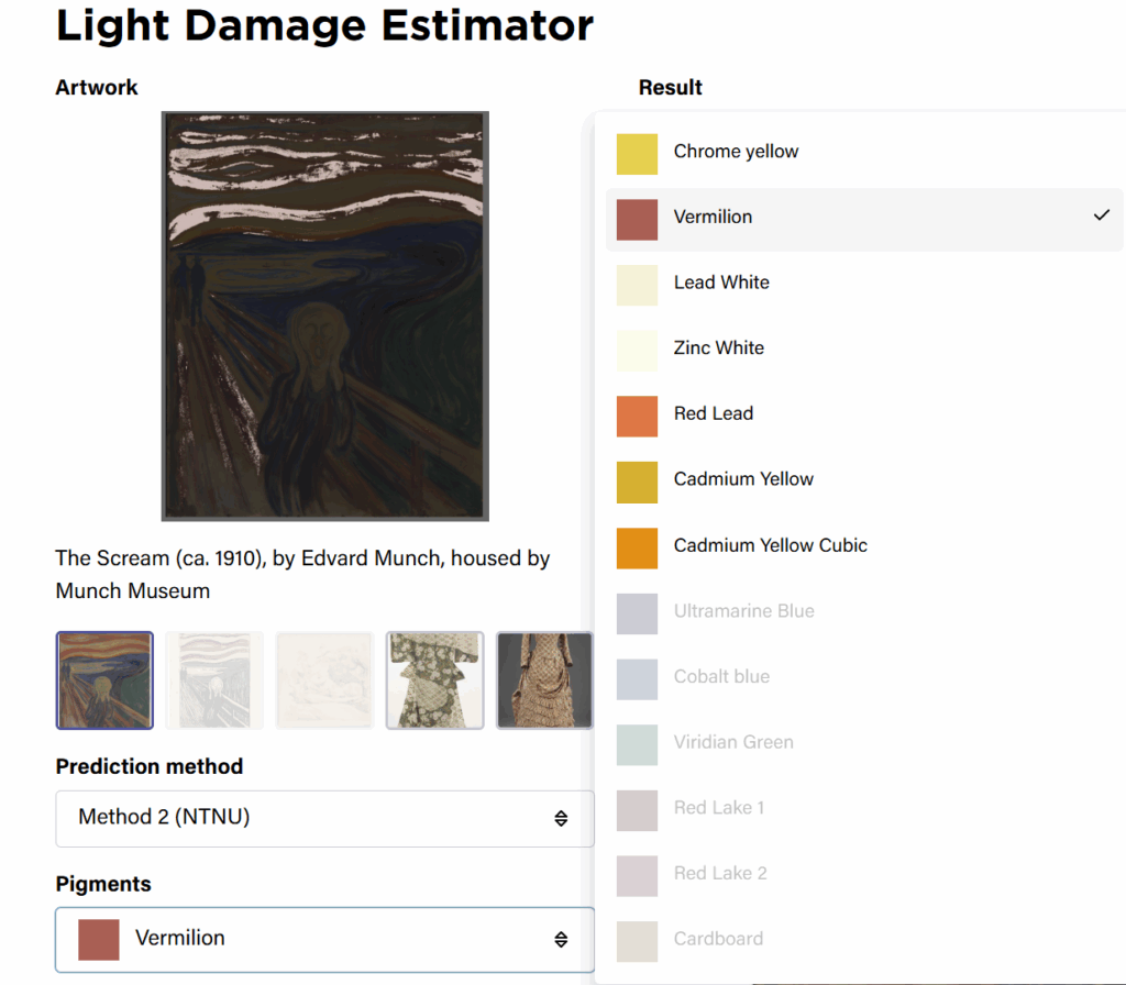 Choose the pigments and the related masks to visualise how specific colours may change under different lighting conditions.